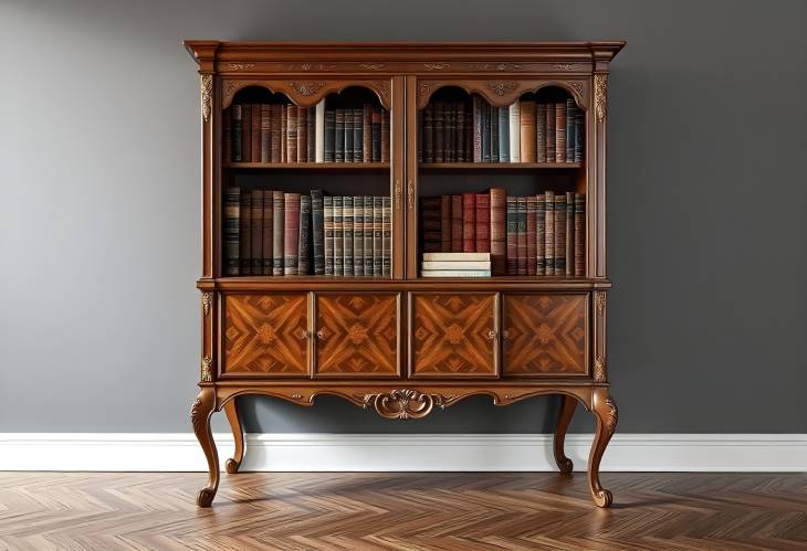 Elegant Antique Cabinet Shelf for Books with Golden Accents in a Luxurious Loft